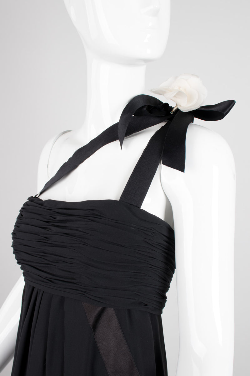 Chanel Empire Asymmetrical Chiffon Camelia Black Tie Dress Recess Chanel Empire Asymmetrical Chiffon Camelia Black Tie Dress Recess