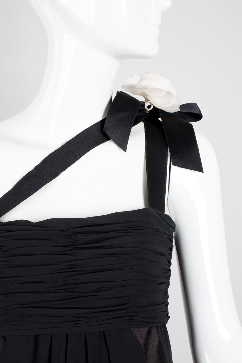 Chanel Empire Asymmetrical Chiffon Camelia Black Tie Dress