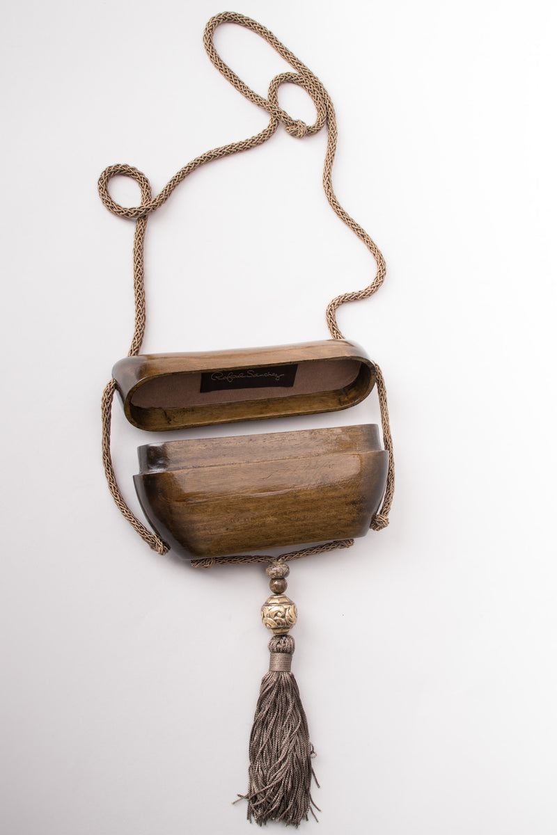 Rafael Sanchez Carved Wooden Boat Tassel Box Bag Purse