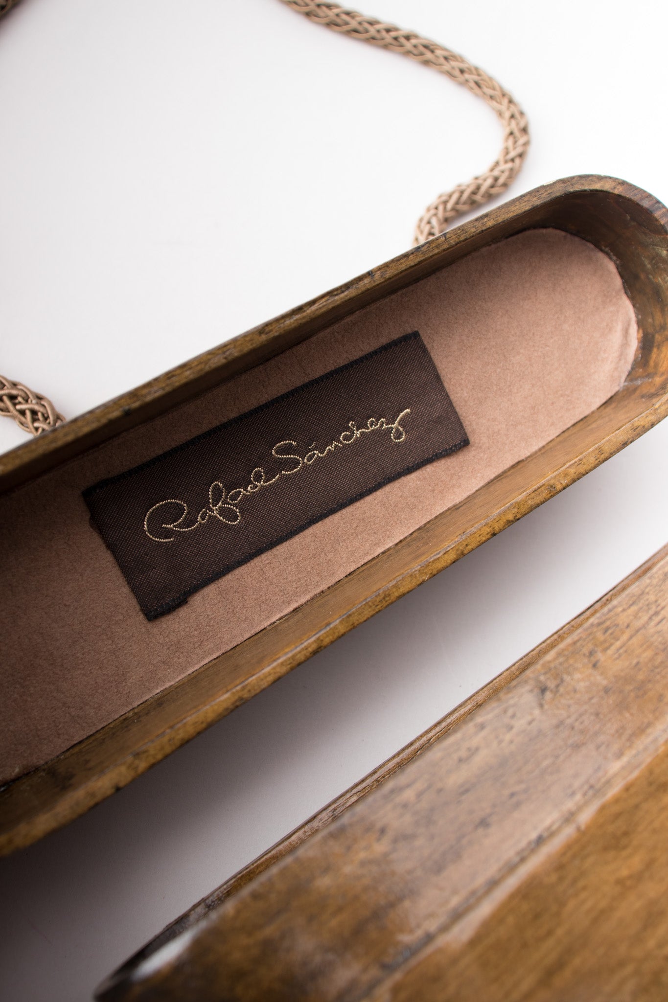 Rafael Sanchez Carved Wooden Boat Tassel Box Bag Purse