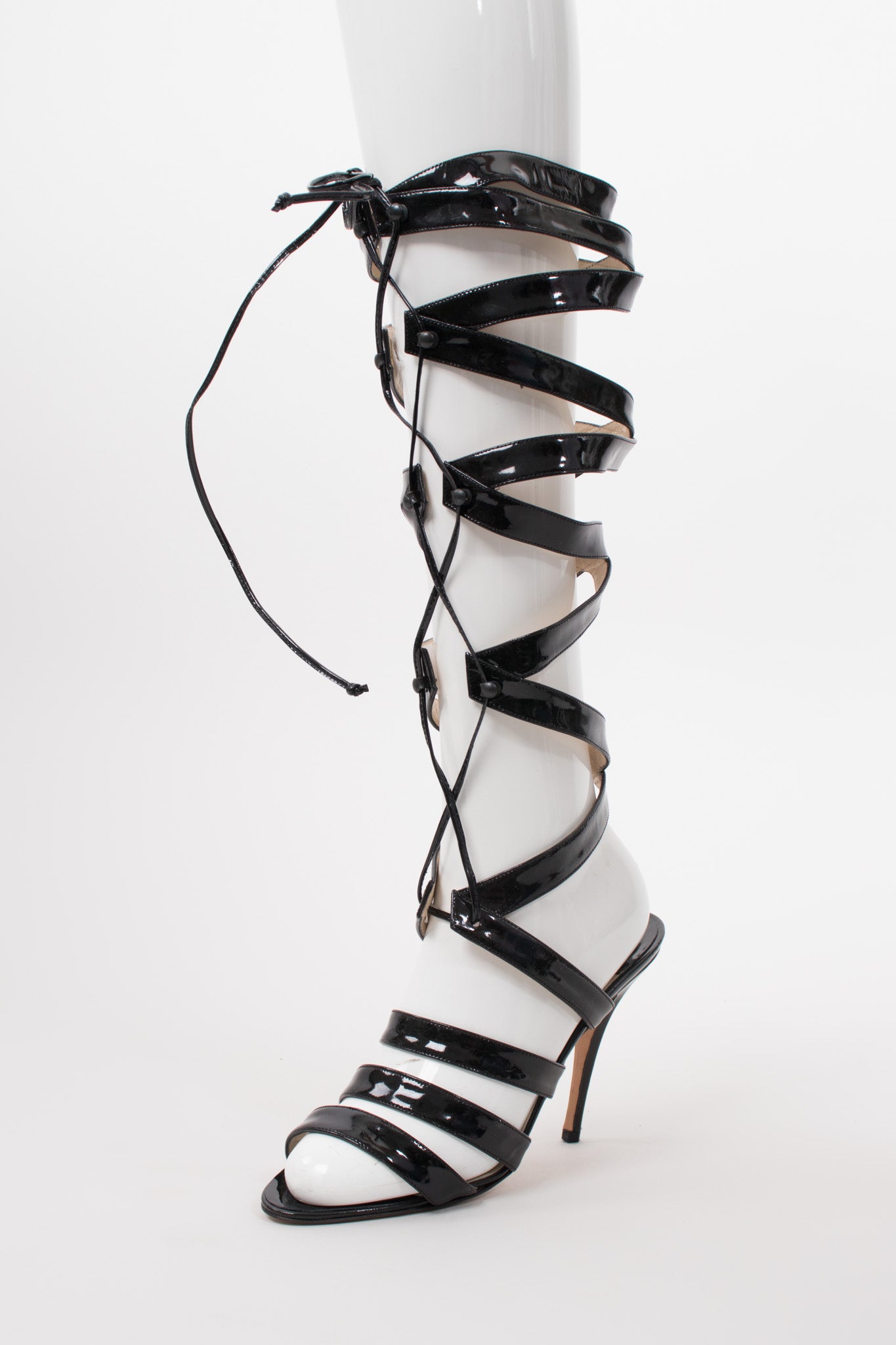 Manolo Blahnok Lace Up Patent Bondage Gladiator Cage Heel Boots