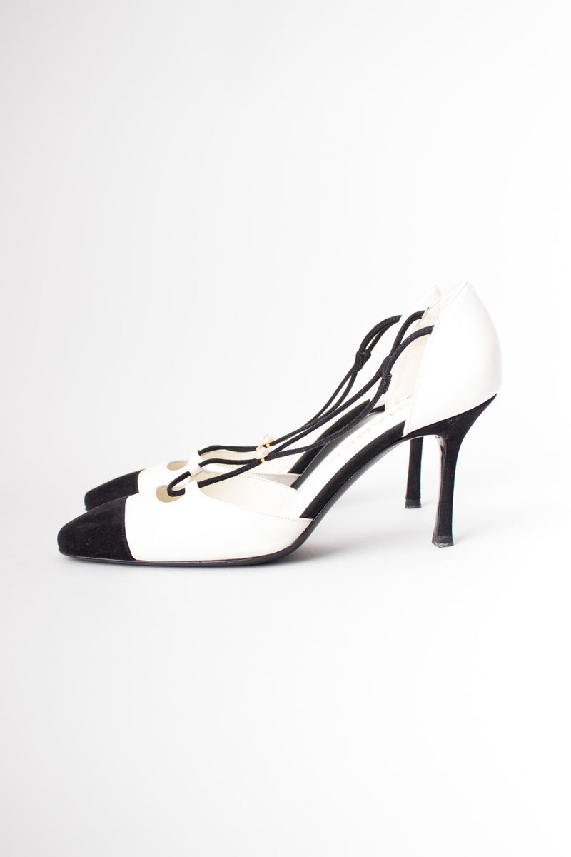 Chanel Pearl Black High Heels  Black high heels, Chanel shoes heels,  Designer shoes chanel