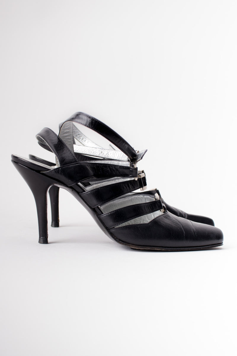 Thierry Mugler Leather Strappy Bondage Buckle Heels