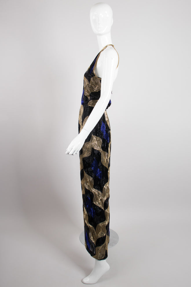 Tracy Mills Vintage Geometric Beaded Halter Gown