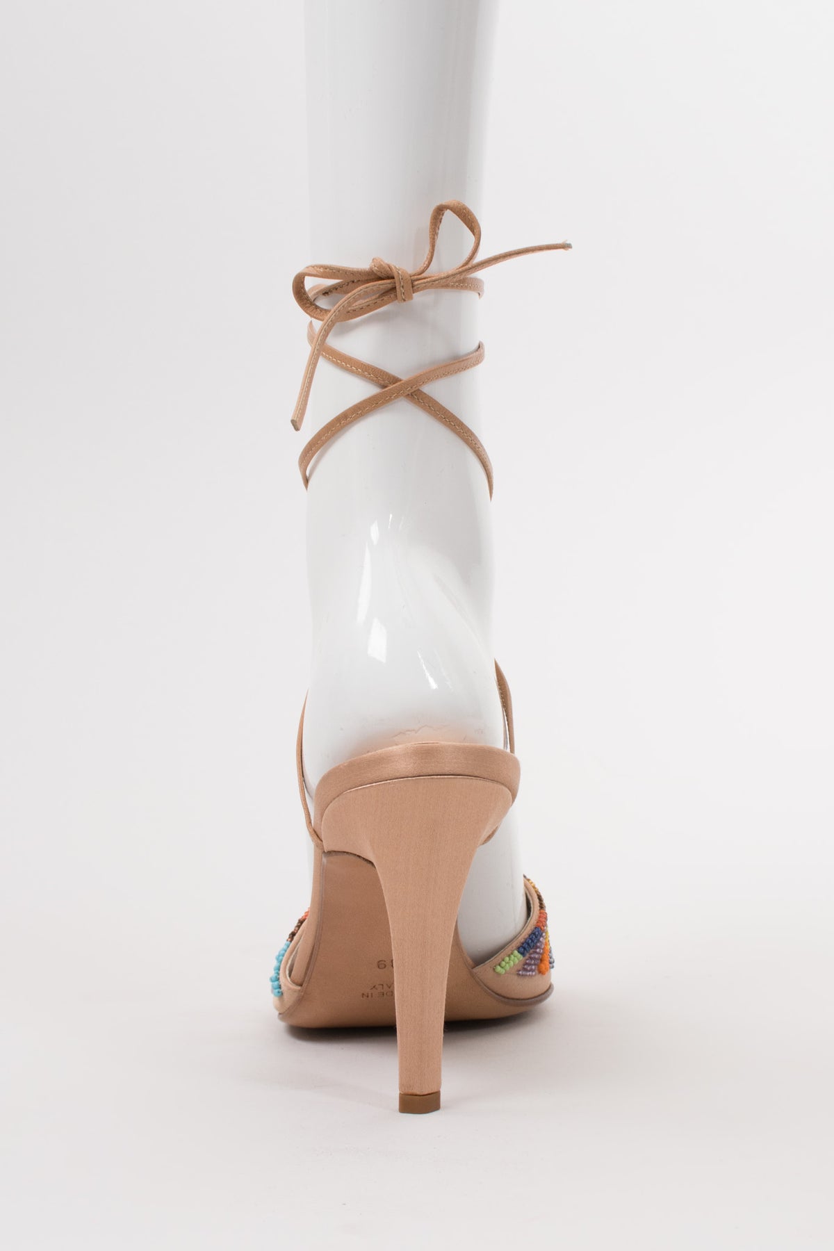 René Caovilla Rainbow Beaded Satin Ankle Wrap Mule Heels
