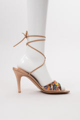 René Caovilla Vintage Rainbow Beaded Satin Ankle Wrap Mules Heels