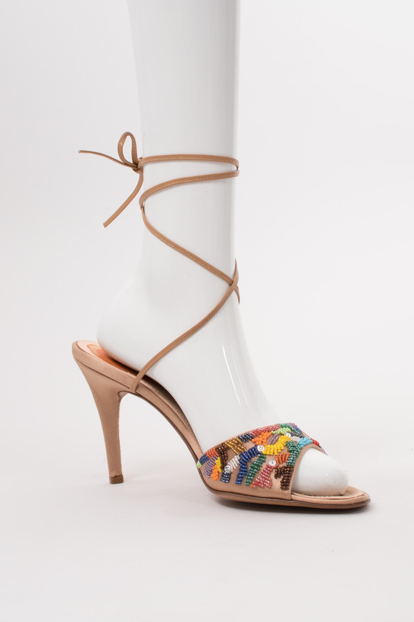 René Caovilla Vintage Rainbow Beaded Satin Ankle Wrap Mules Heels