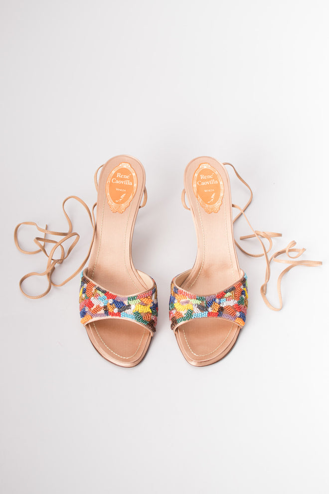 René Caovilla Vintage Rainbow Beaded Satin Ankle Wrap Mules Heels