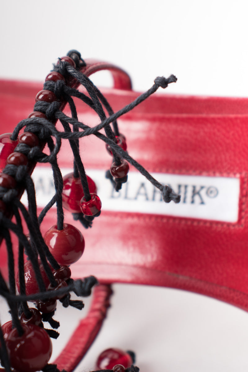 Manolo Blahnik Strappy Currant Berry Fringed Mule Sandals