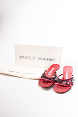 Manolo Blahnik Strappy Currant Berry Fringed Mule Sandals