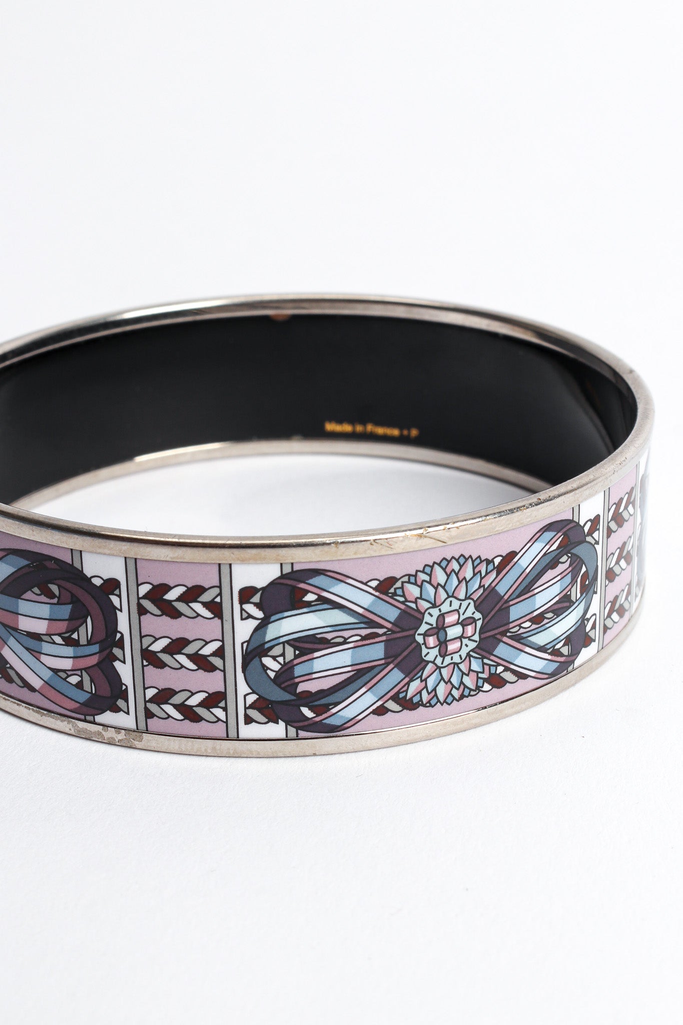 Vintage Hermés Deco Ribbon Wide Enamel Bracelet scratches on silver rim @ Recess LA