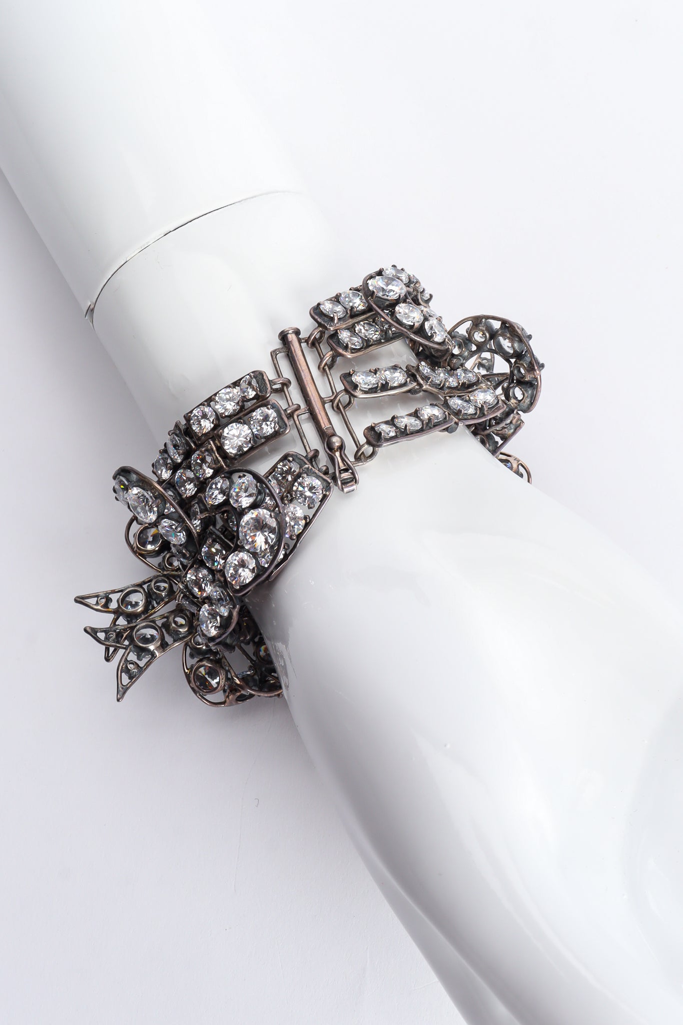 Vintage Unsigned Crystal Ribbon Sterling Bracelet Back View on Mannequin at Recess LA