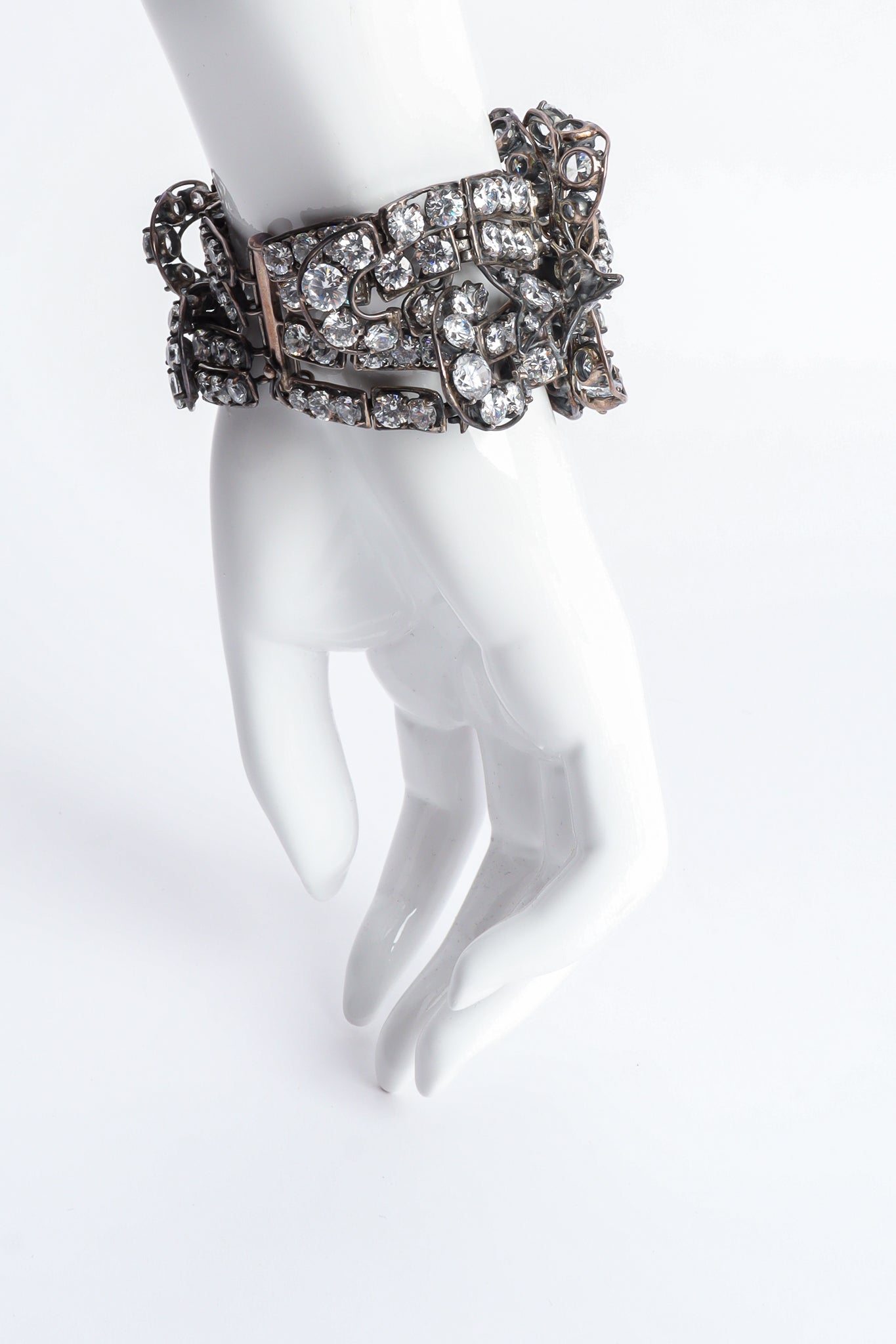 Vintage Unsigned Crystal Ribbon Sterling Bracelet Back View on Mannequin at Recess LA
