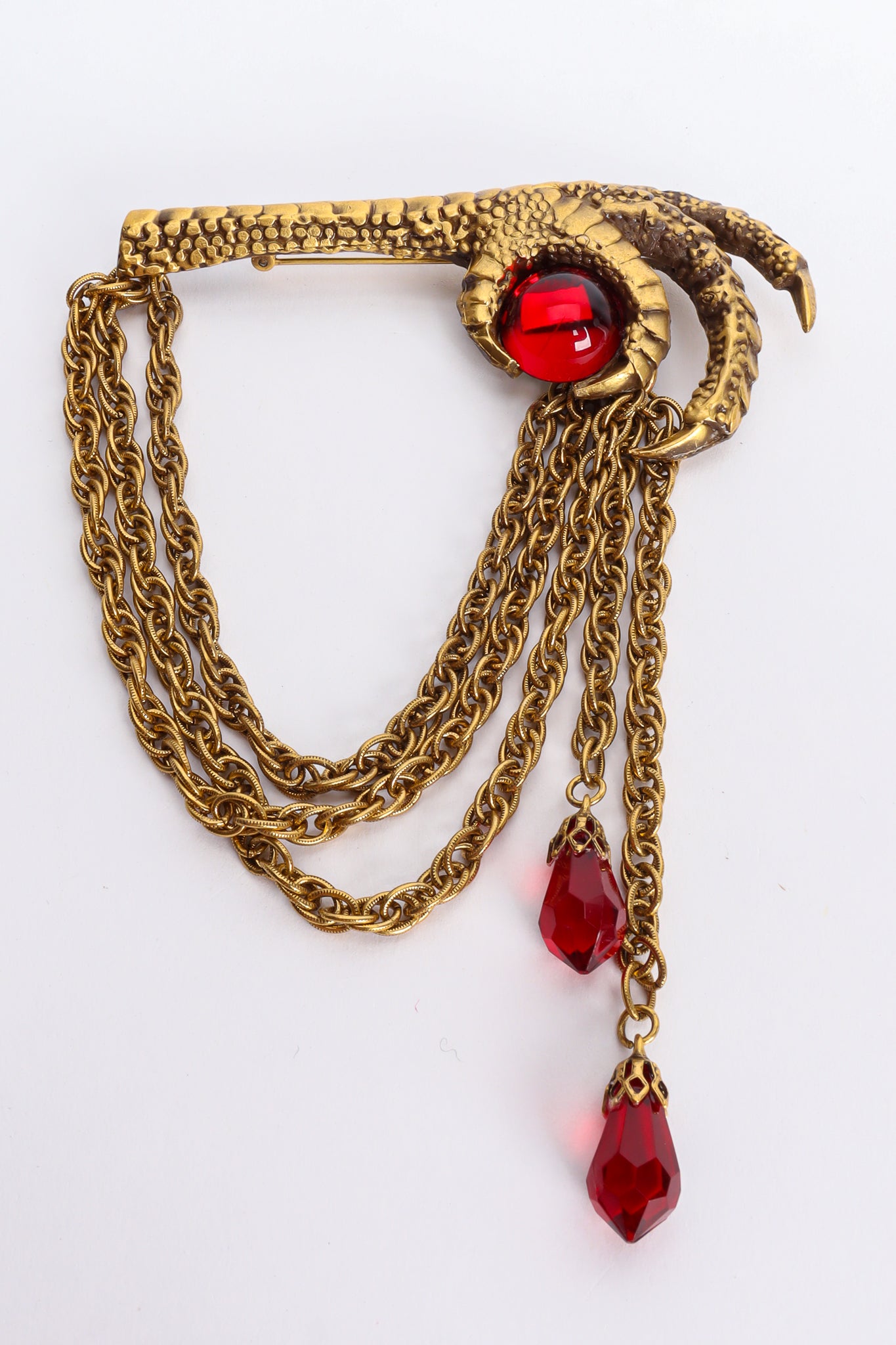 Vintage Joseff Ruby Rooster Claw Chain Brooch Front at Recess LA