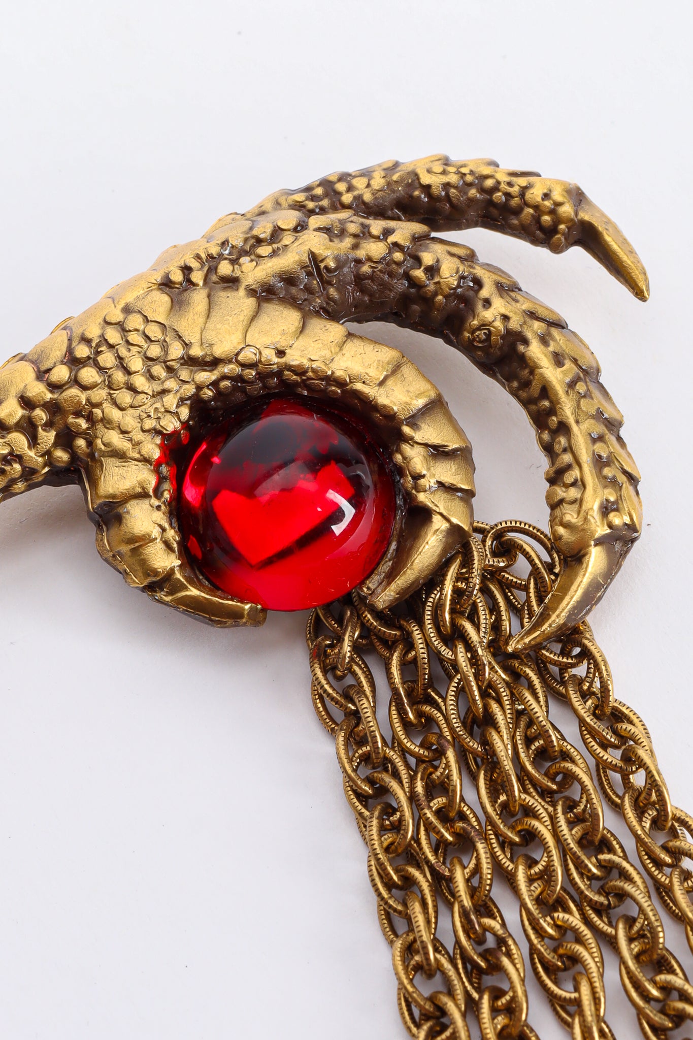 Vintage Joseff Ruby Rooster Claw Chain Brooch Claw Closeup at Recess LA