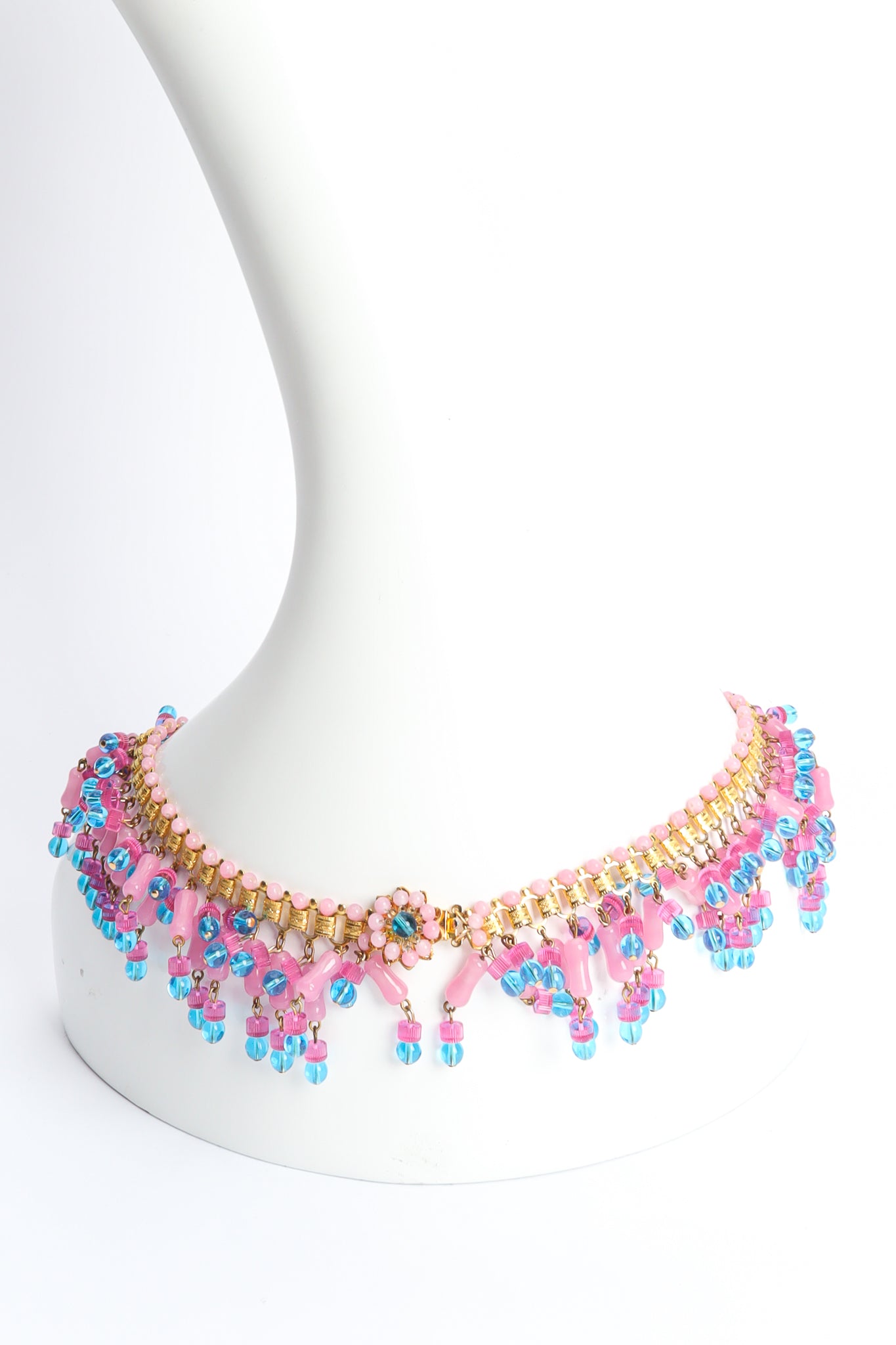 Vintage William de Lillo Cotton Candy Bead Bib Necklace floral clasp front on mannequin @ Recess LA