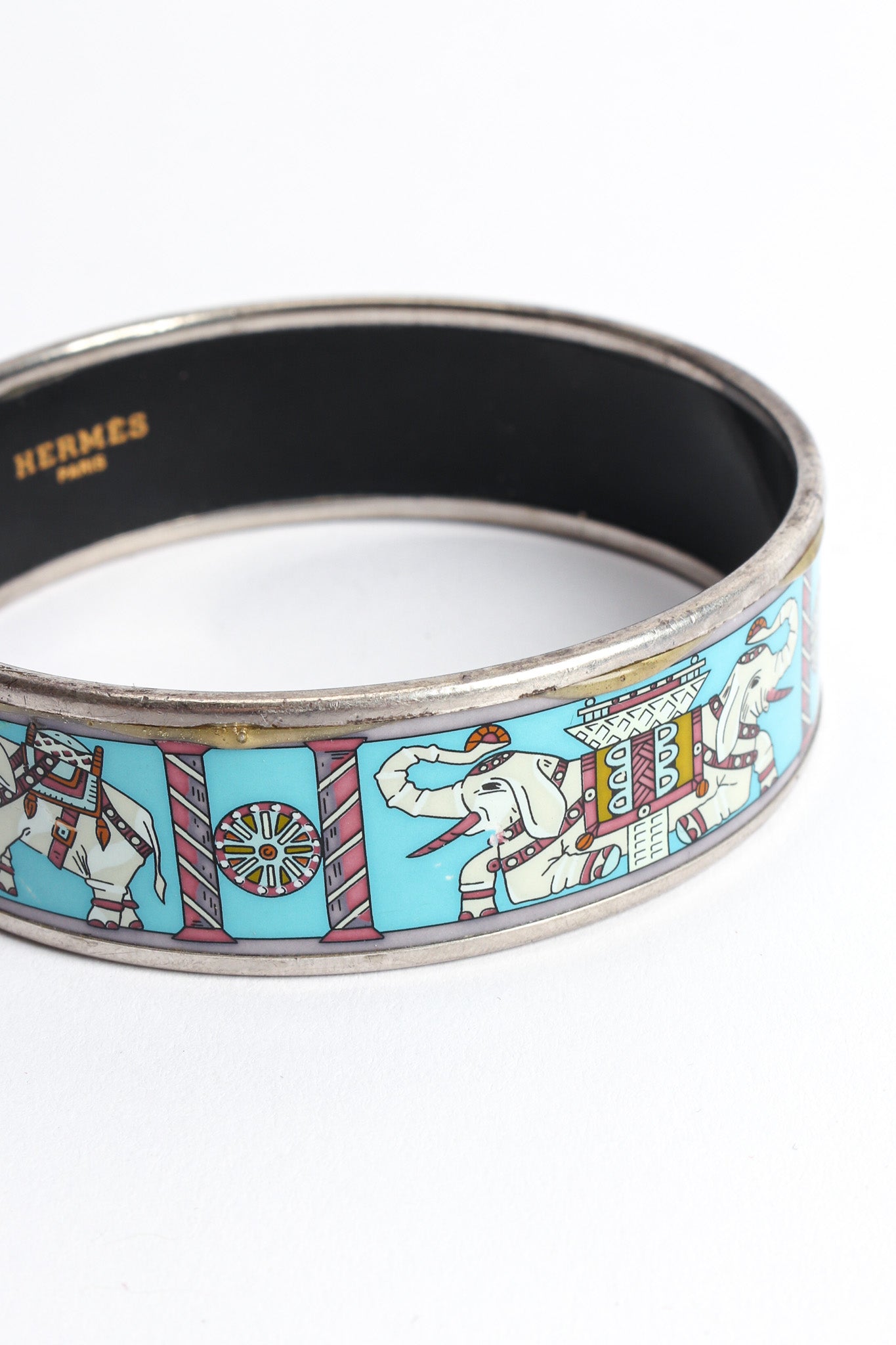 Vintage Hermés Elephant Torana Wide Enamel Bracelet closeup scratches @ Recess LA
