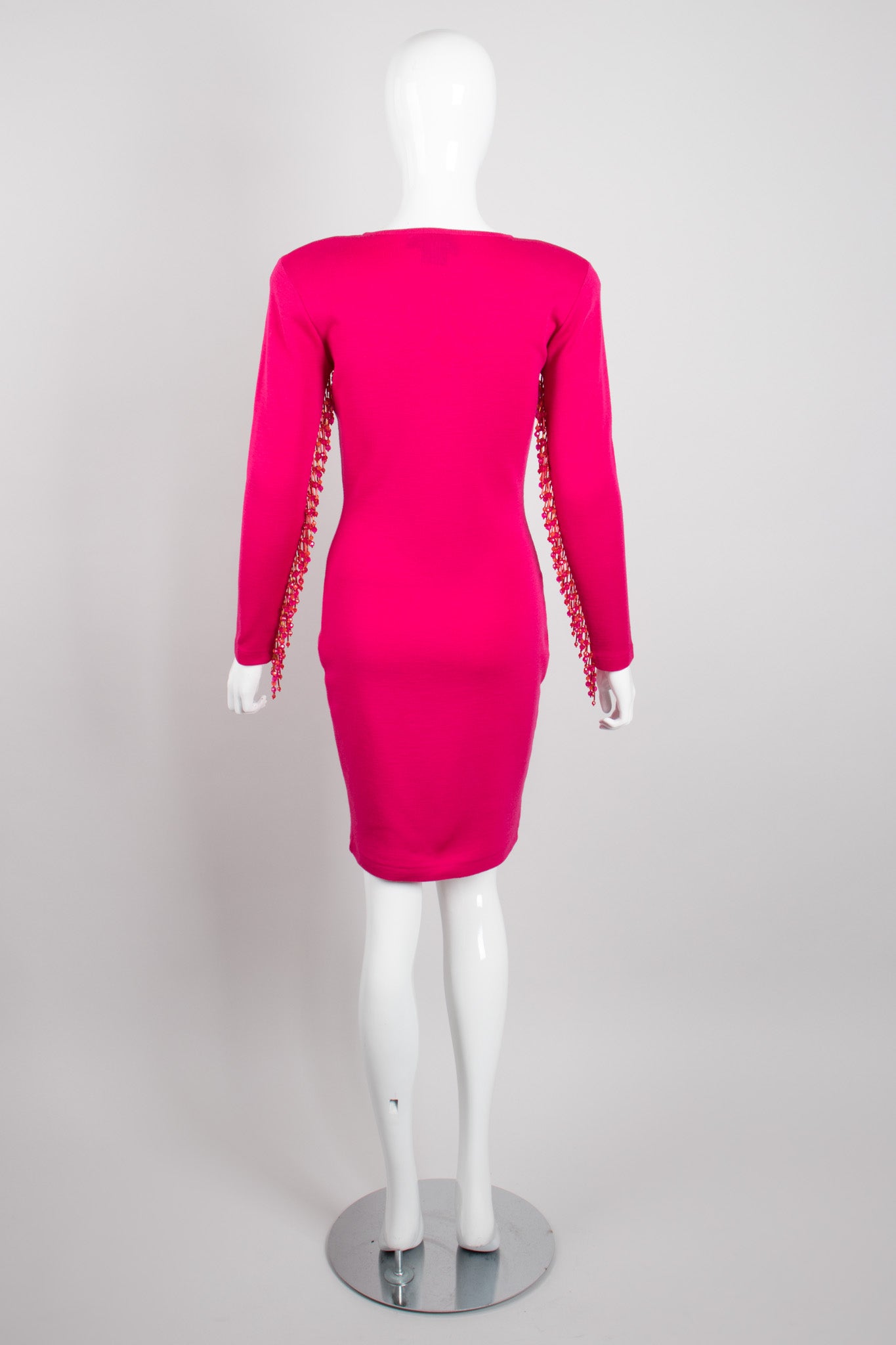 Recess Los Angeles Vintage Andrea Jovine Hot Pink Beaded Fringe Yokea Bodycon Dress