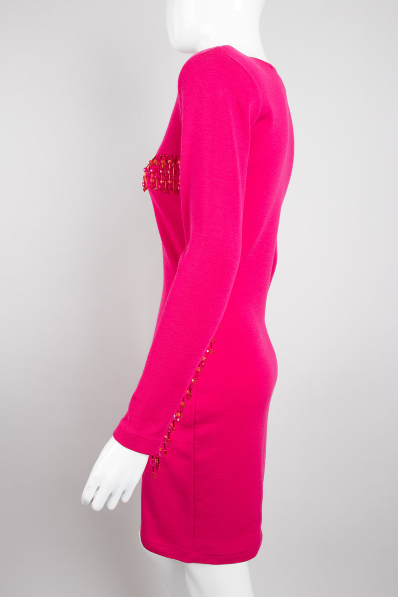 Recess Los Angeles Vintage Andrea Jovine Hot Pink Beaded Fringe Yokea Bodycon Dress