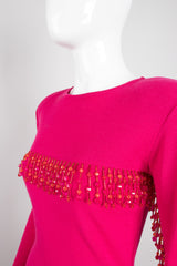 Recess Los Angeles Vintage Andrea Jovine Hot Pink Beaded Fringe Yokea Bodycon Dress