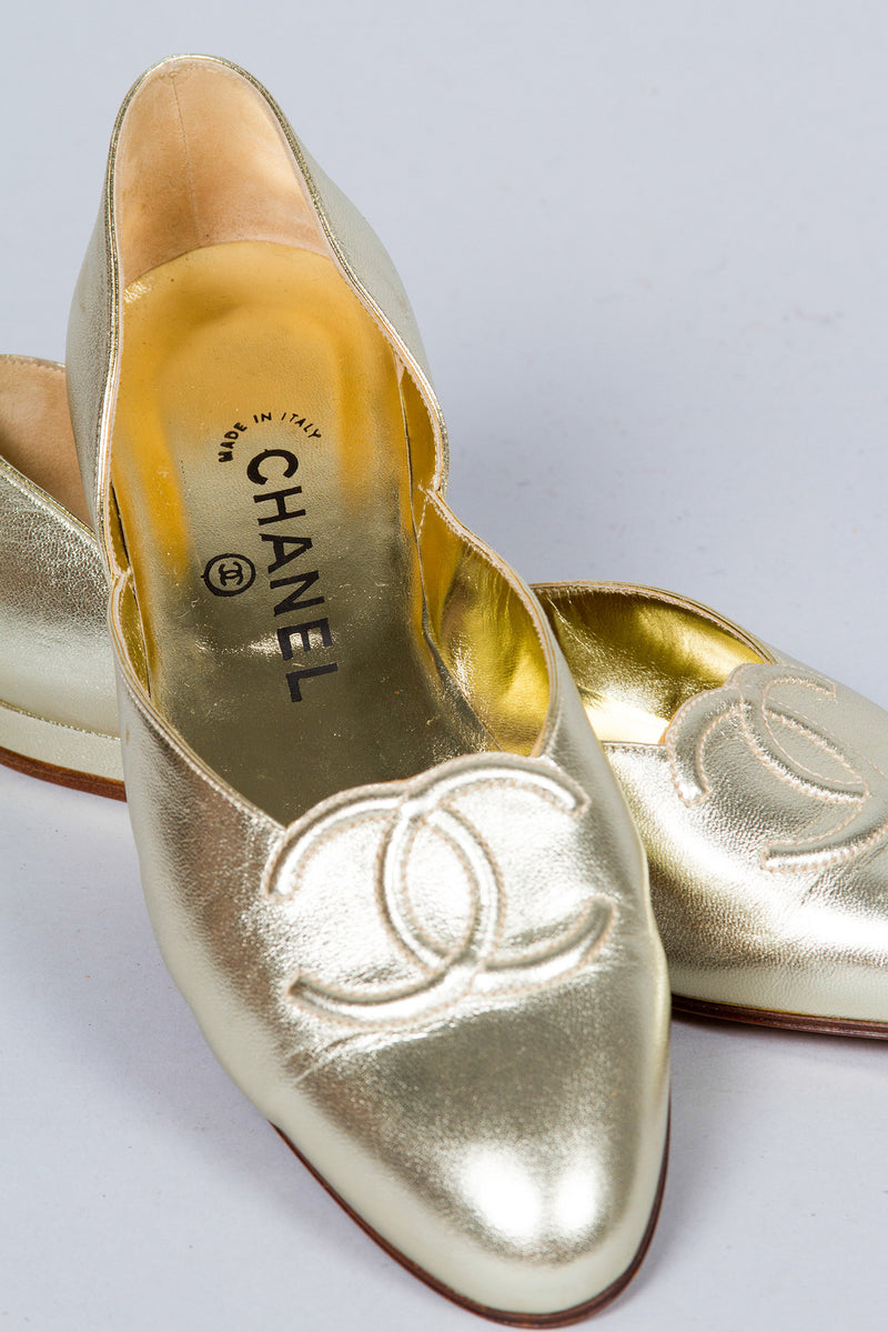 Chanel Gold Lamé Logo Flats