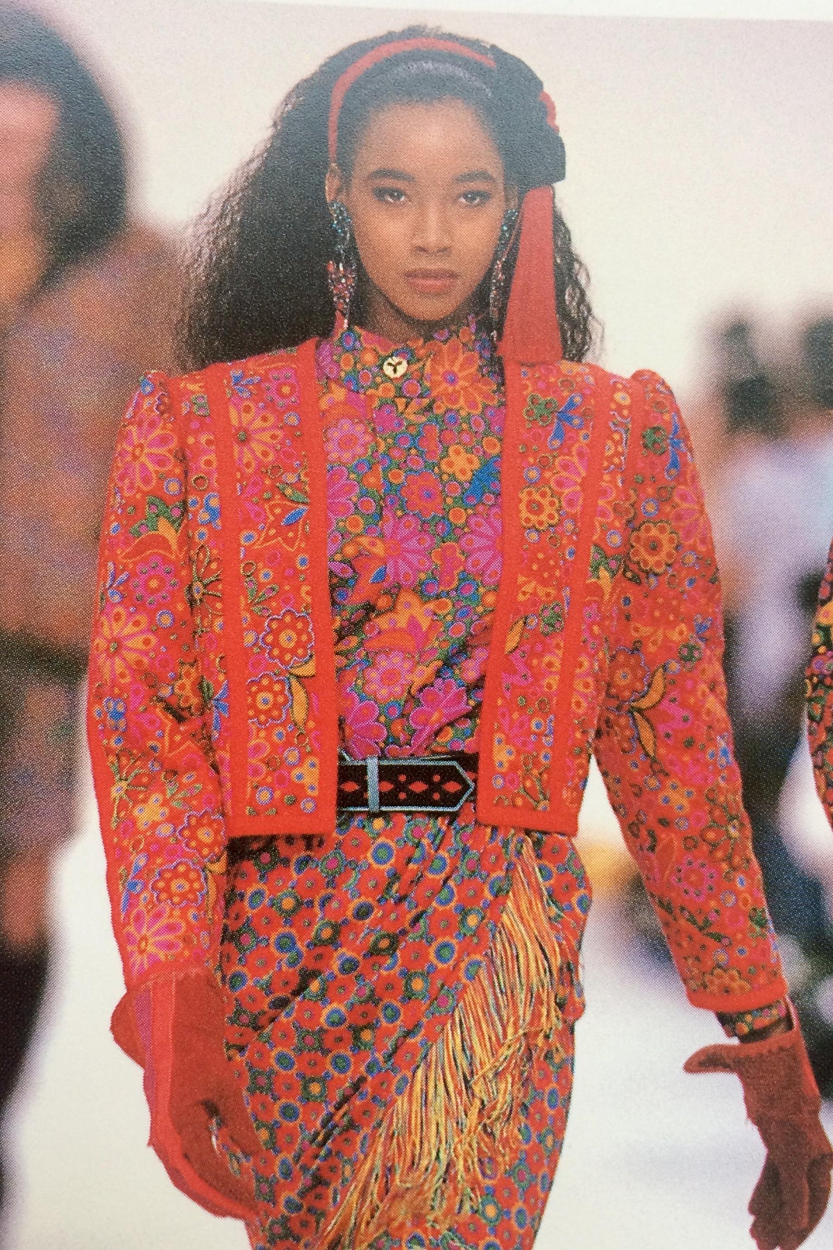 Vintage Yves Saint Laurent 1990 A/W Floral Rainbow Fringe Skirt on runway model  @ Recess LA