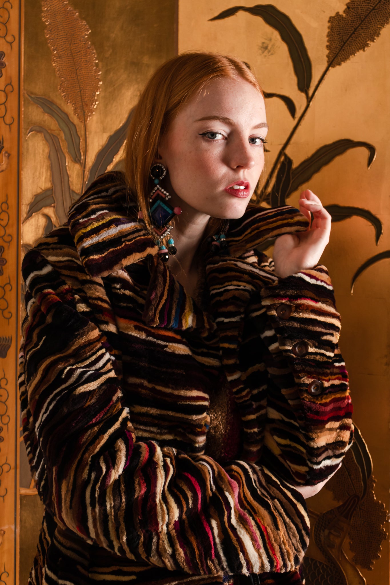 Vintage Louis Féraud Rainbow Zebrawood Stripe Fur Coat on Emily O'Dette at Recess LA
