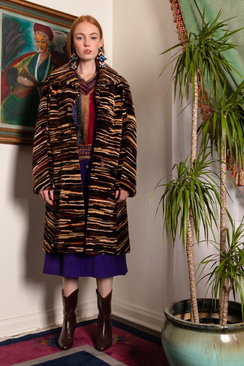 Vintage Louis Féraud Rainbow Zebrawood Stripe Fur Coat on Emily O'Dette at Recess LA