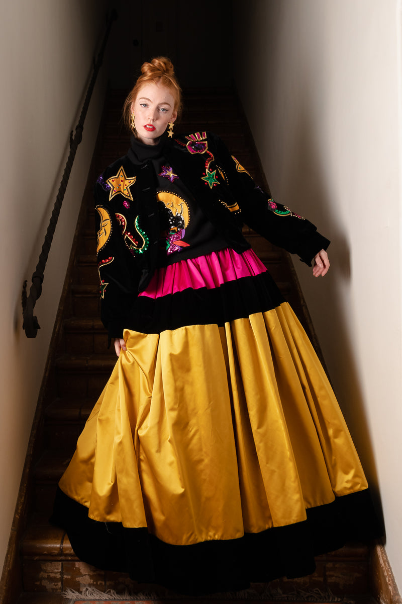 Vintage Escada Embellished Bomber Jacket, Sweater, & Ball Gown on Emily O'Dette at Recess LA