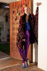 Vintage Rainbow Chevron Blanket Afghan Beaver Fur Coat on Emily O'Dette at Recess Los Angeles