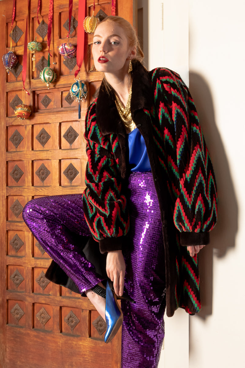 Vintage Rainbow Chevron Blanket Afghan Beaver Fur Coat on Emily O'Dette at Recess Los Angeles