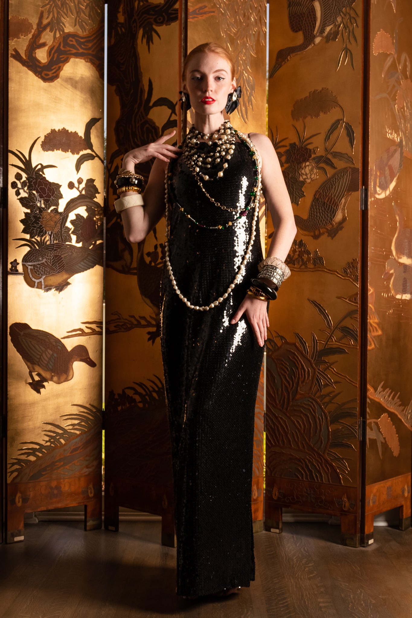 Vintage Chanel Sequin Black Tie Sheath Gown & layered necklaces on Emily at Recess Los Angeles