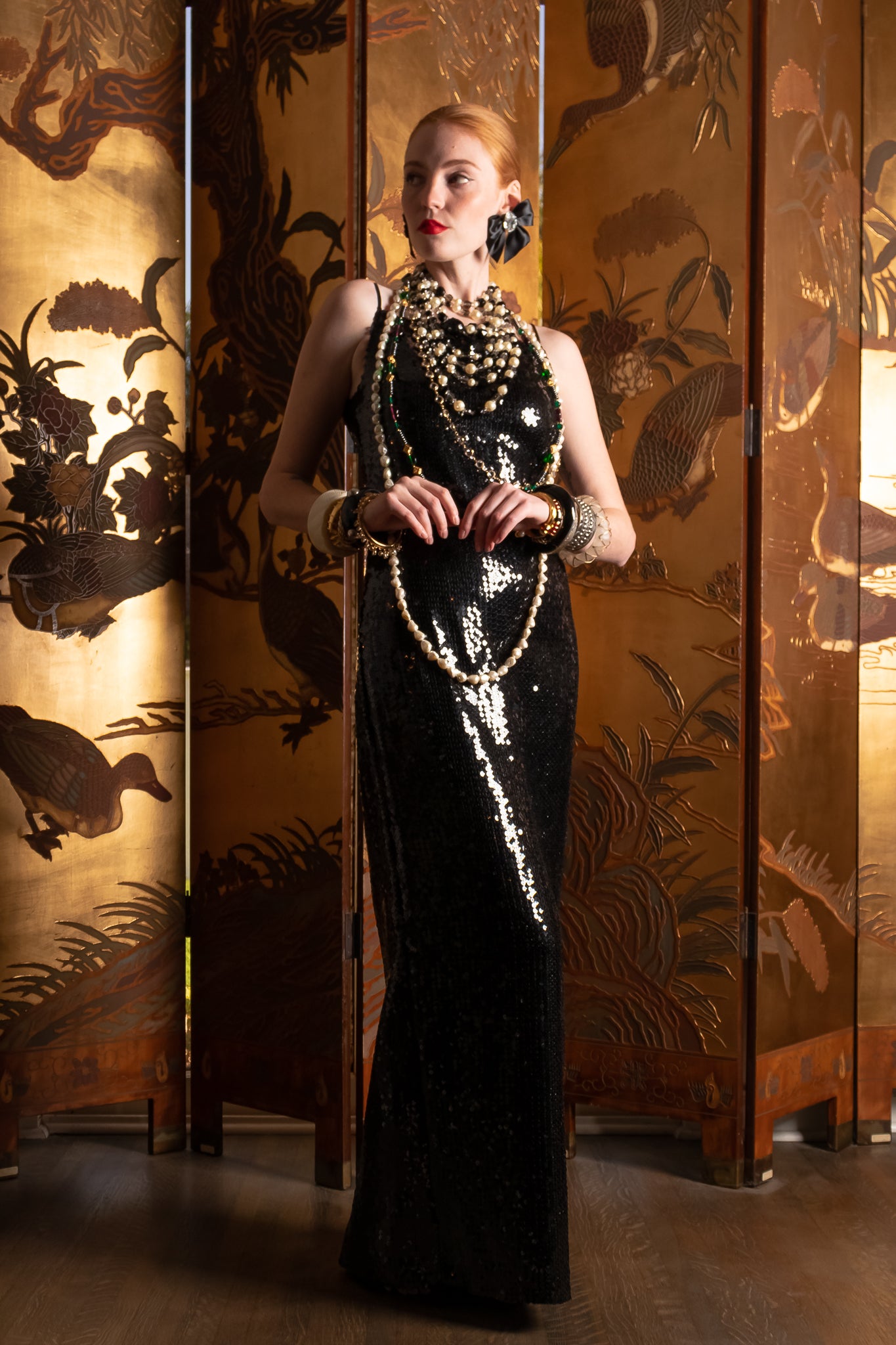 Vintage Chanel Sequin Black Tie Sheath Gown & layered necklaces on Emily at Recess Los Angeles