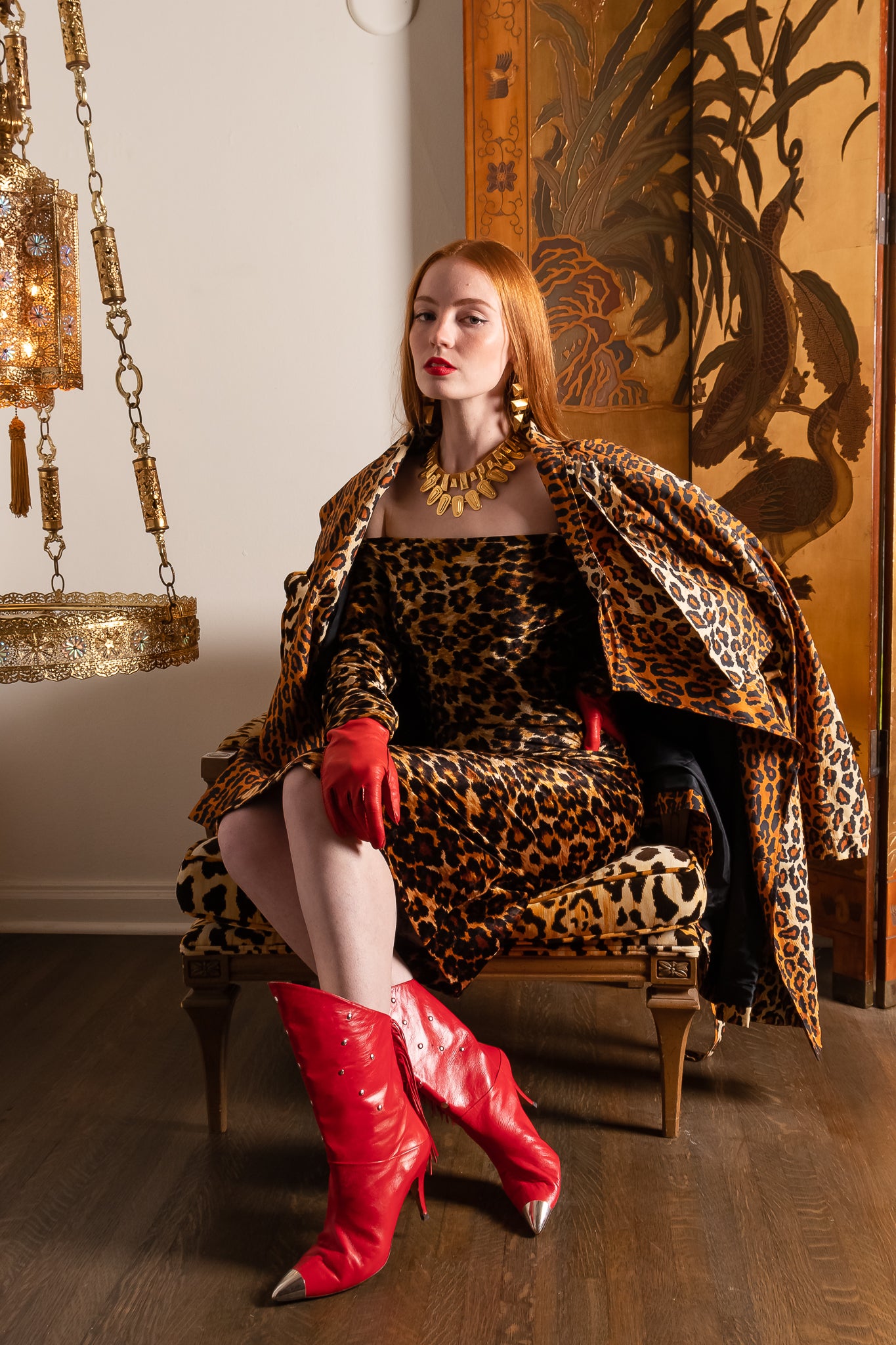 Vintage Patrick Kelly A/W 1989 Leopard Stretch Velvet Dress & Trench on Emily O'Dette @ Recess LA