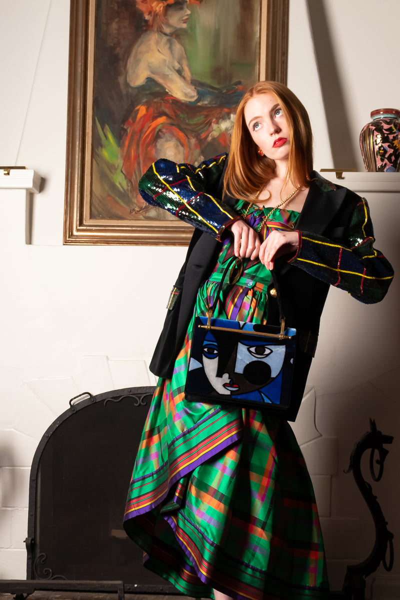 Prada A/W 2017 Cubist Velvet Face Pionnière Bag & Plaid dress on Emily O'Dette @ Recess Los Angeles