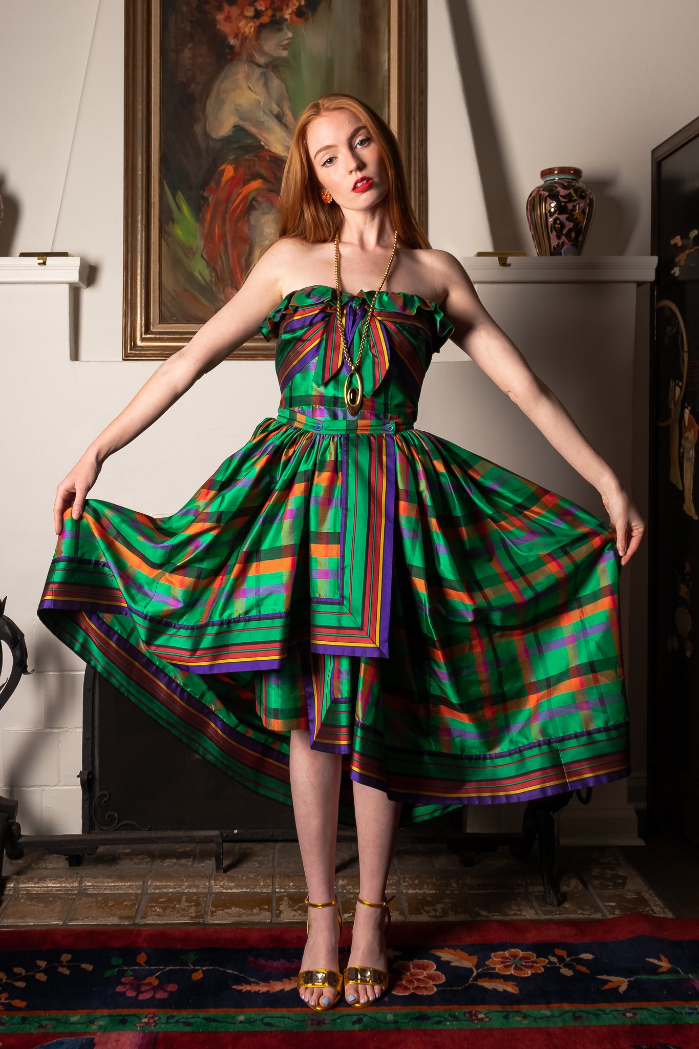 Vintage Guy Laroche Rainbow Plaid Silk Dress & Skirt Set on Emily O'Dette at Recess Los Angeles