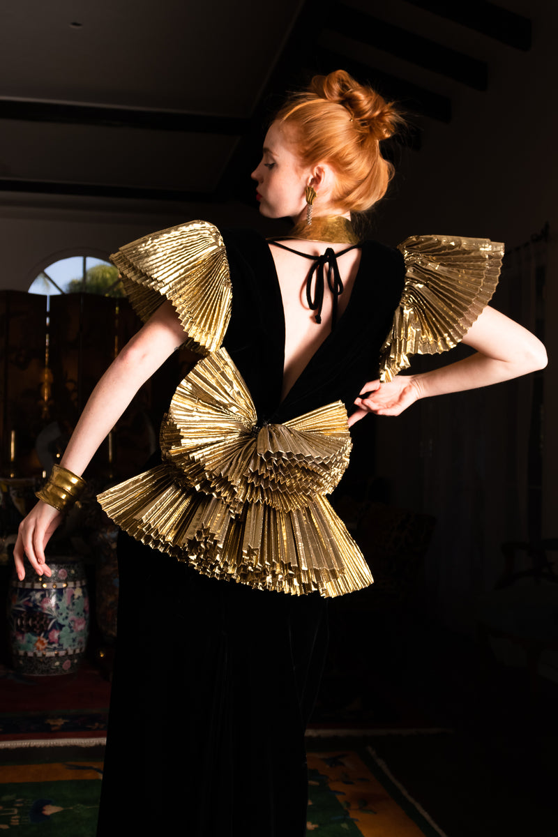 Vintage After Five Saks Gold Ruffle Velvet Trumpet Gown on Emily O'Dette at Recess Los Angeles