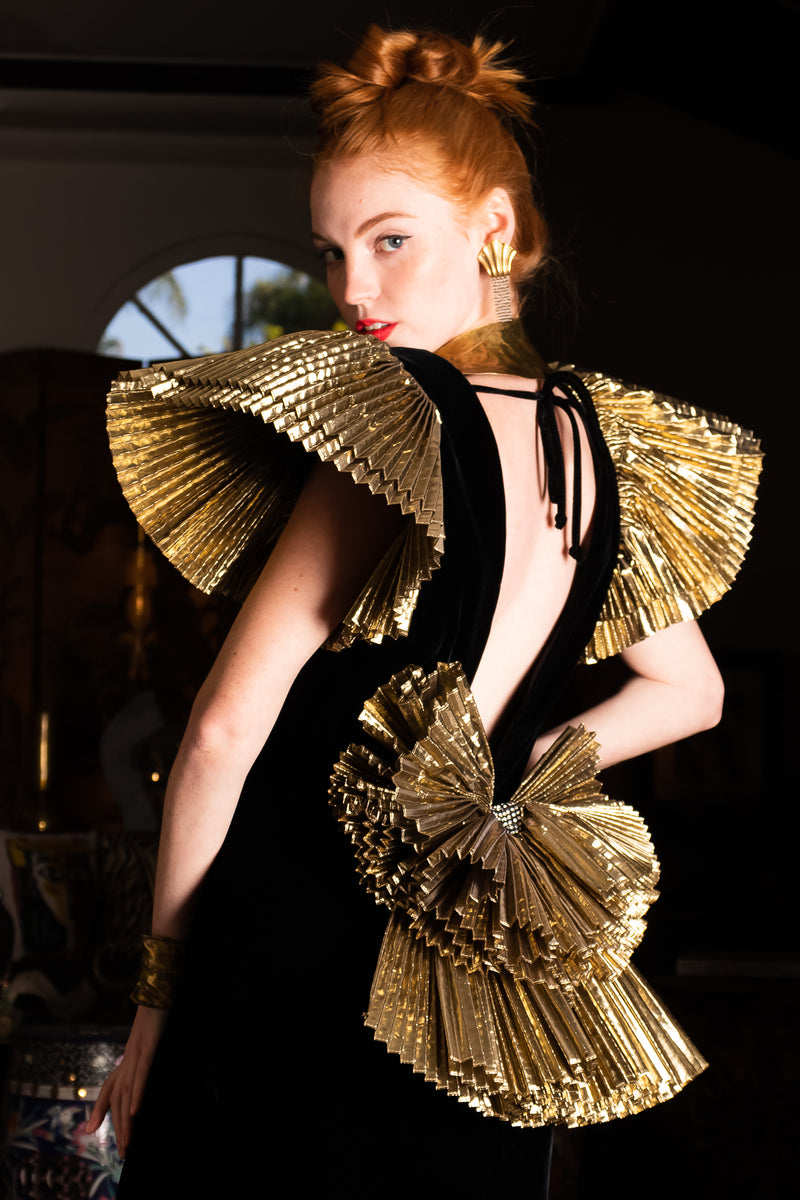 Vintage After Five Saks Gold Ruffle Velvet Trumpet Gown on Emily O'Dette at Recess Los Angeles