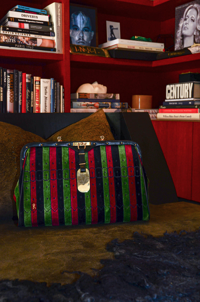 Vintage Roberta di Camerino Velvet Striped Buckle Oversized Bag Displayed on Couch at Recess LA