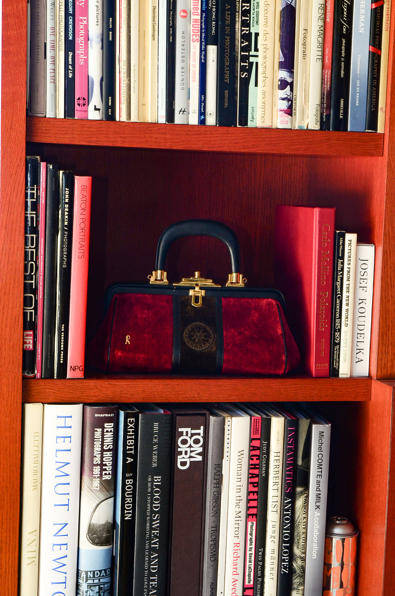 Roberta di Camerino Velvet Stripe Doctor Bagonghi Bag Displayed on a Bookshelf at Recess LA