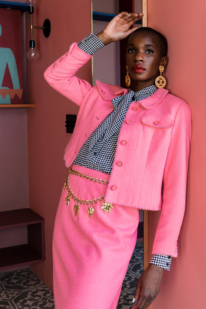 Monica Ahanonu in Vintage Chanel SS 1997 Crochet Trim Tweed Jacket & Skirt Set @ Recess LA