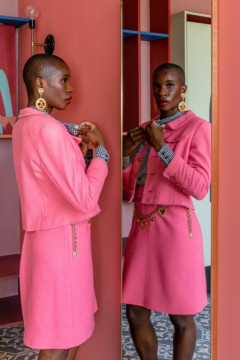 Monica Ahanonu in Vintage Chanel SS 1997 Crochet Trim Tweed Jacket & Skirt Set @ Recess LA