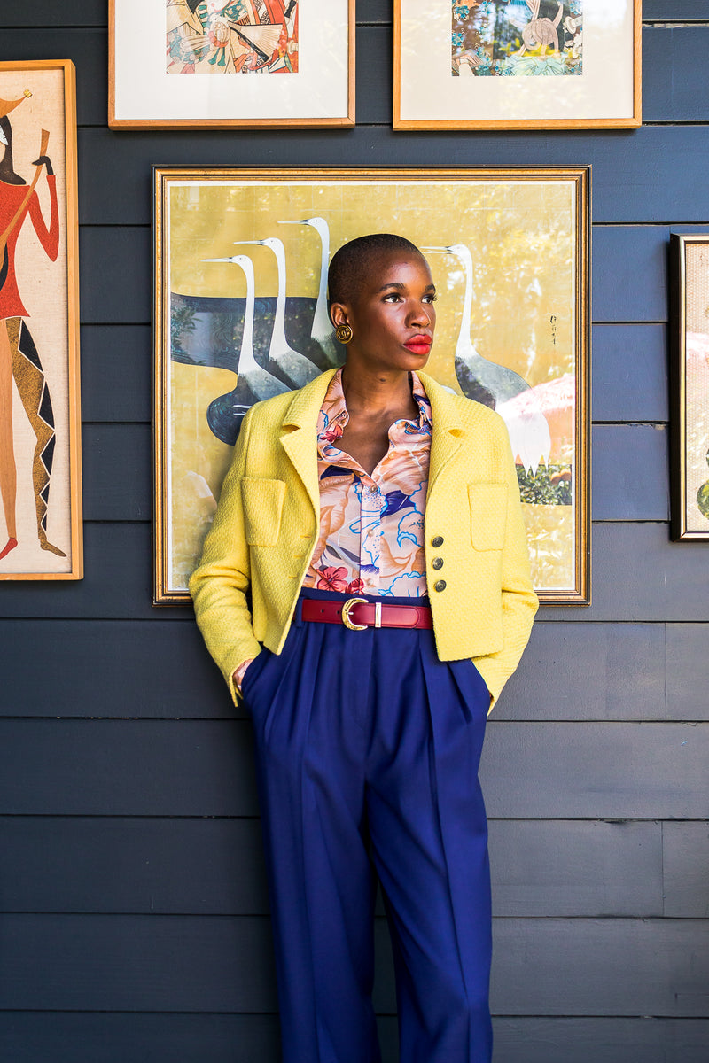 Monica Ahanonu in Vintage Chanel Yellow Basketweave Tweed Shrunken Jacket at Recess Los Angeles