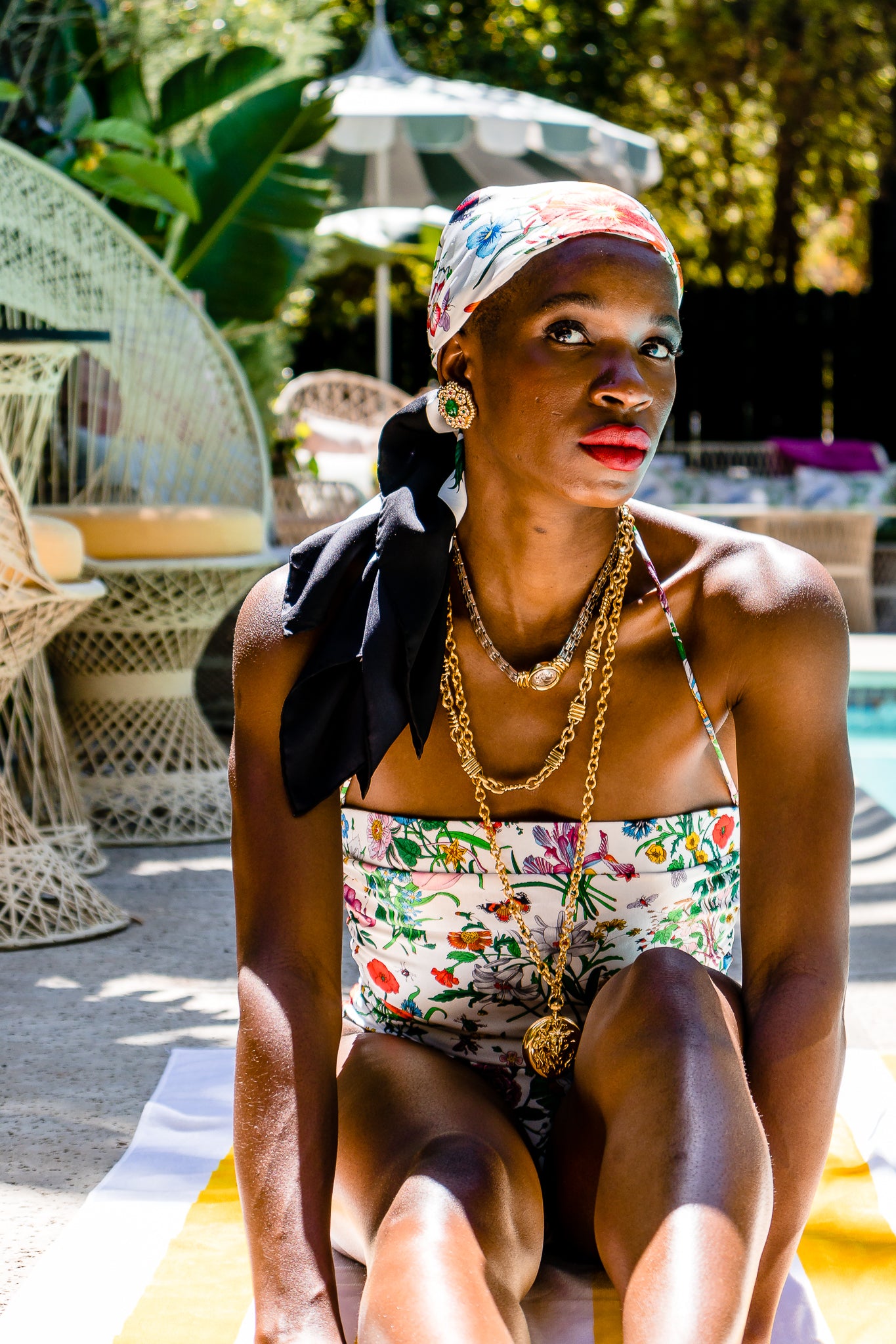 Monica Ahanonu in Vintage Gucci Flora Print Maillot Swimsuit and Flora scarf at Recess Los Angeles