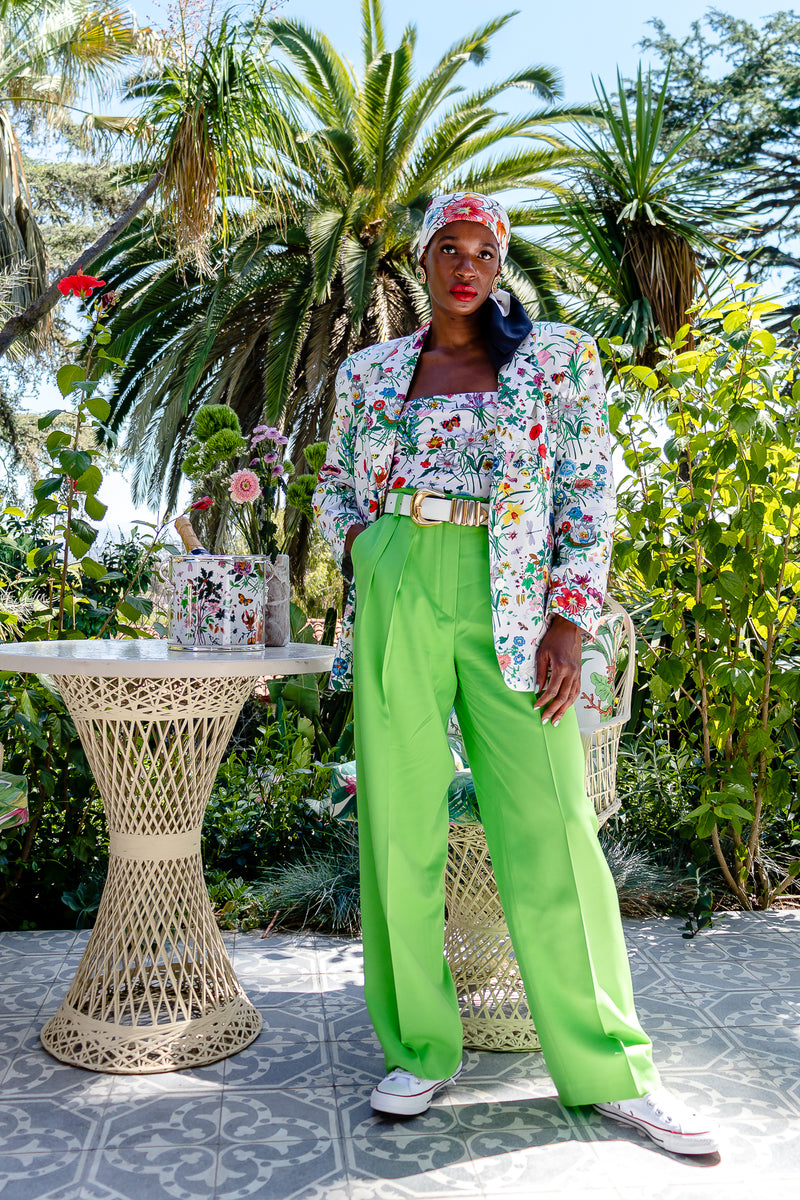 Monica Ahanonu in Vintage Gucci Iconic Flora Print Jacket Swimsuit and Scarf at Recess Los Angeles