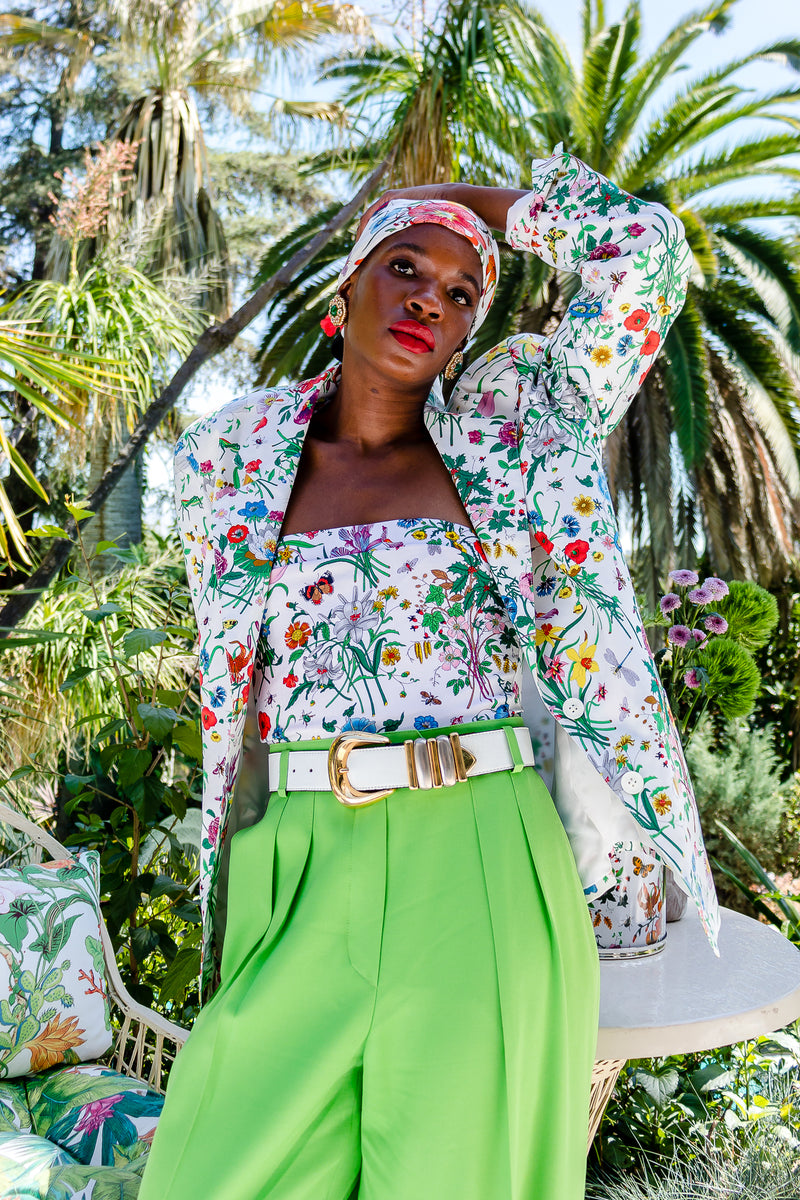 Monica Ahanonu in Vintage Gucci Iconic Flora Print Jacket Swimsuit and Scarf at Recess Los Angeles