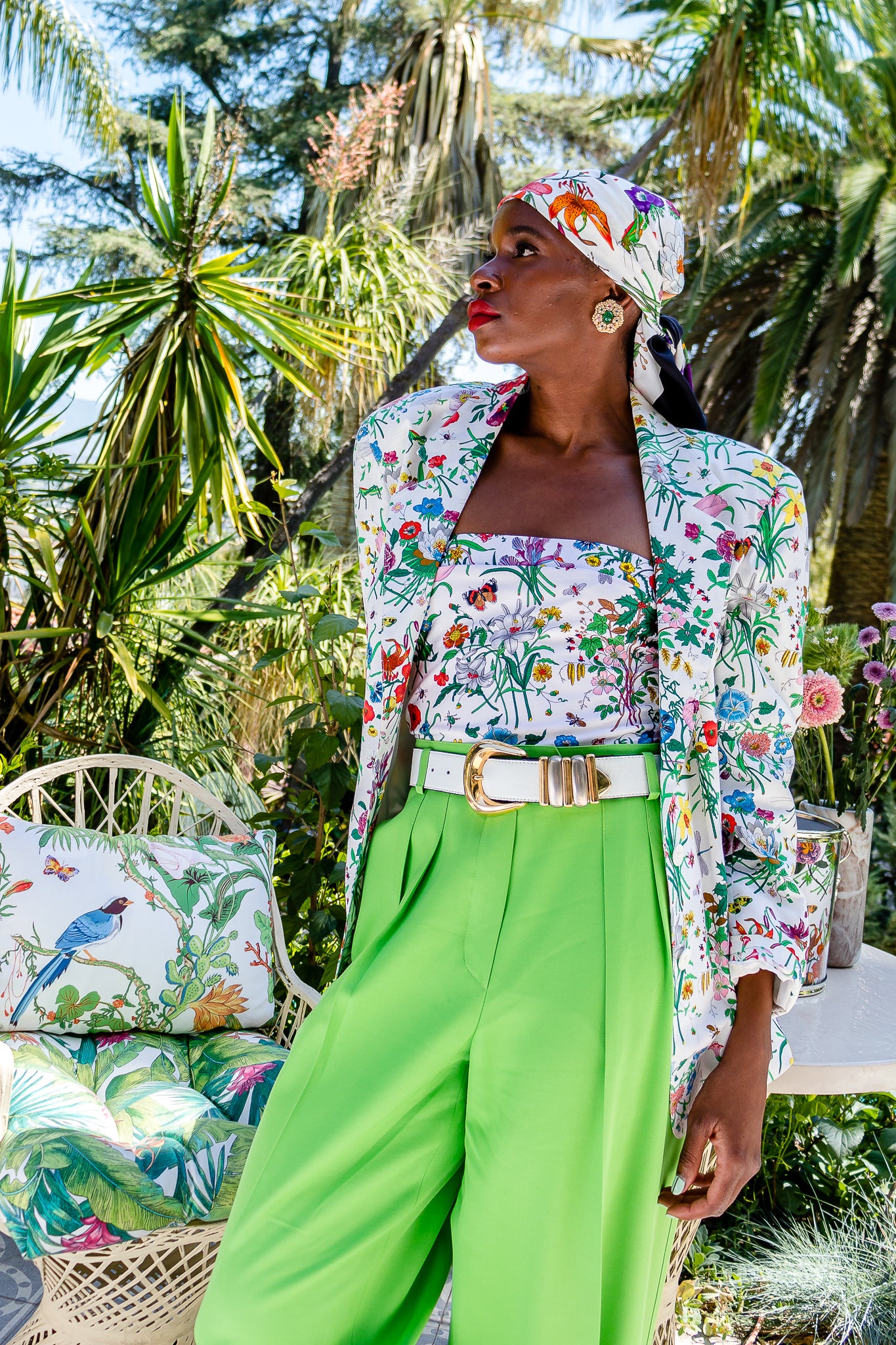 Monica Ahanonu in Vintage Gucci Iconic Flora Print Jacket Swimsuit and Scarf at Recess Los Angeles