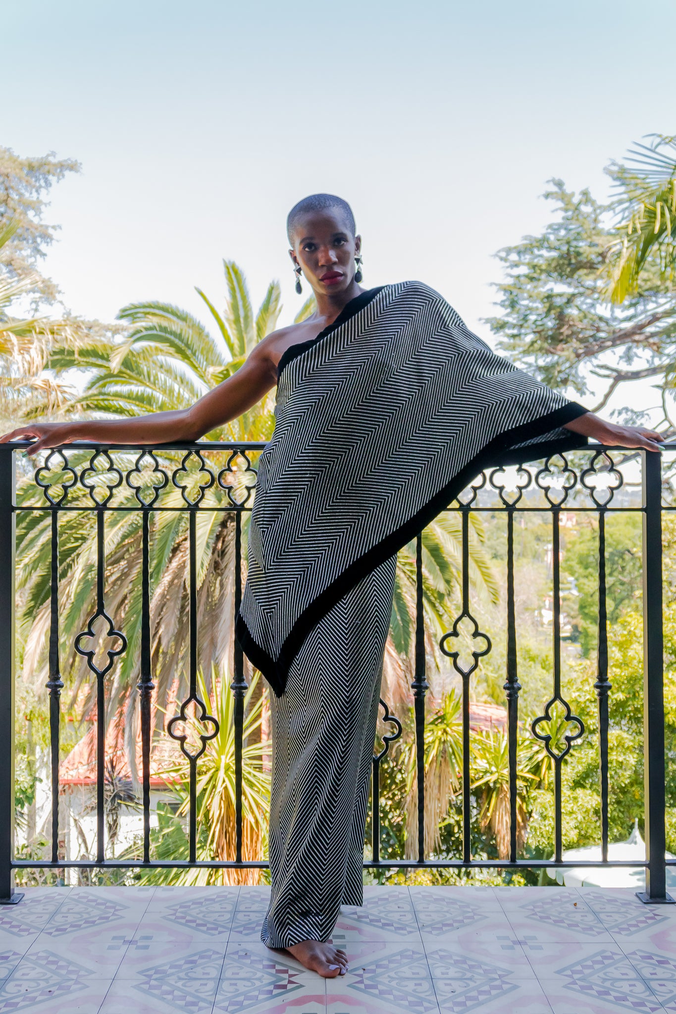 Monica Ahanonu in Vintage Gucci Metallic Silver Stripe Sari Shawl Dress at Recess Los Angeles
