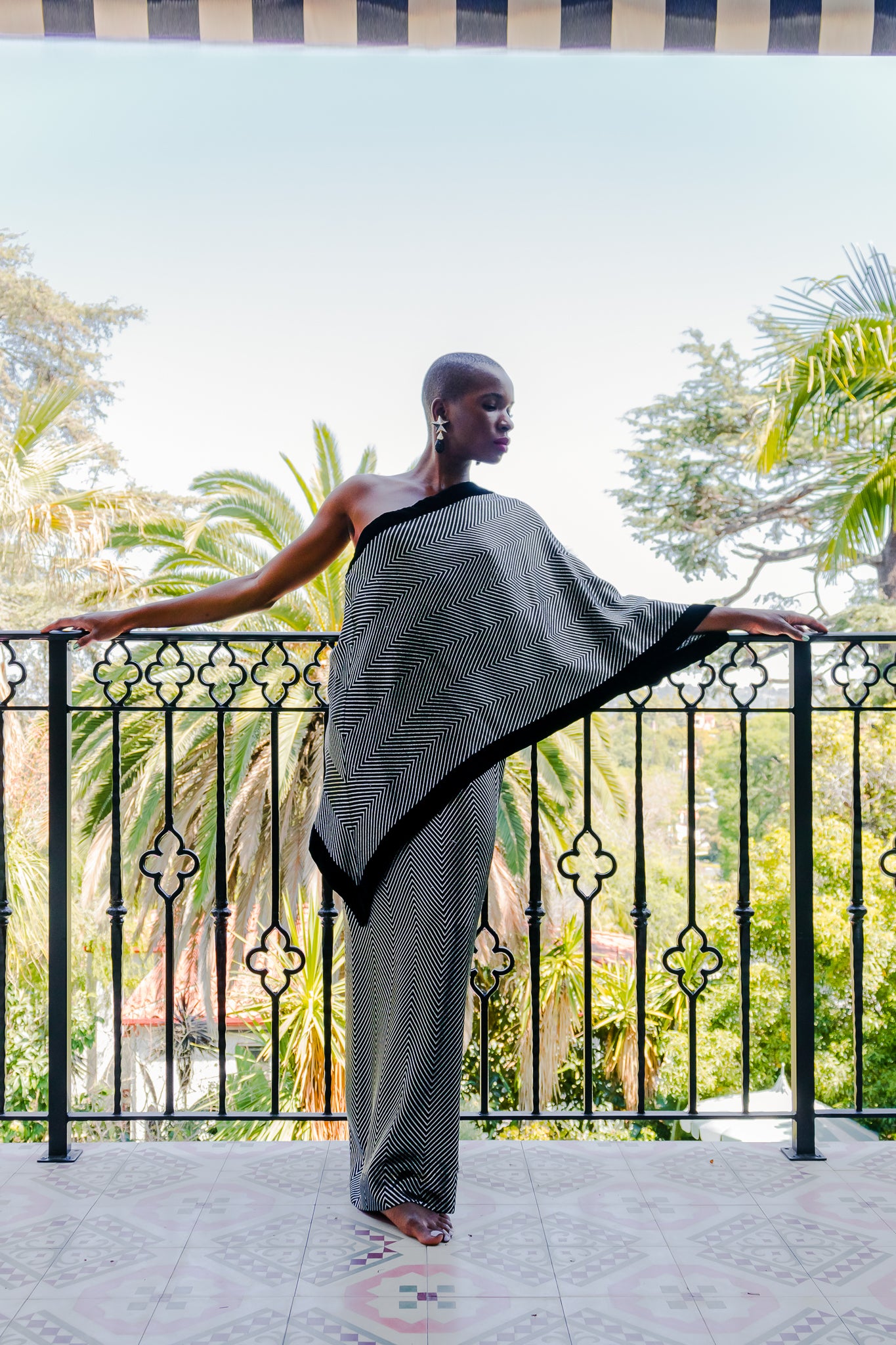 Monica Ahanonu in Vintage Gucci Metallic Silver Stripe Sari Shawl Dress at Recess Los Angeles