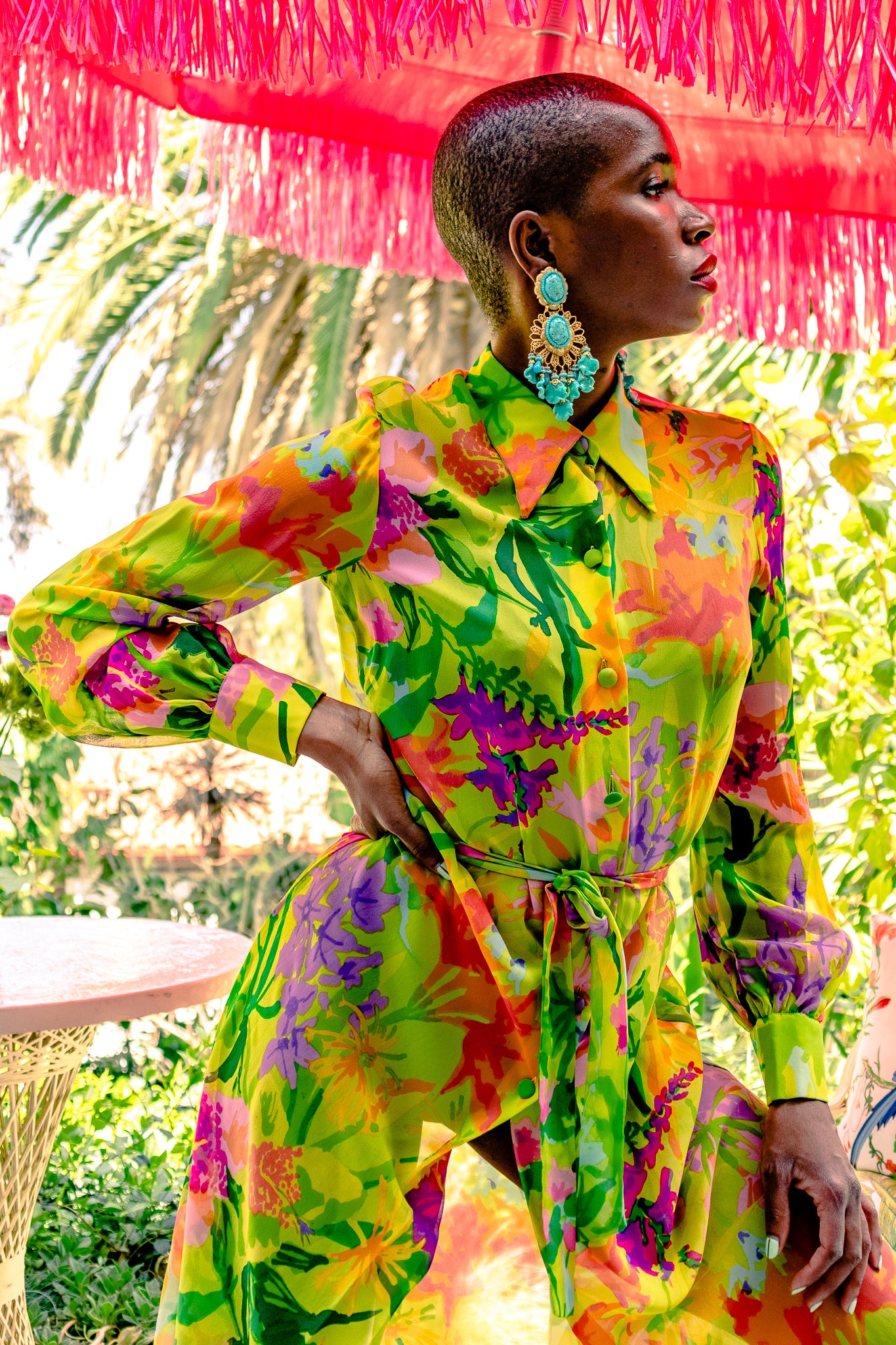 Monica Ahanonu in Vintage Ken Scott Tropical Chiffon Shirt Dress Duster at Recess LA